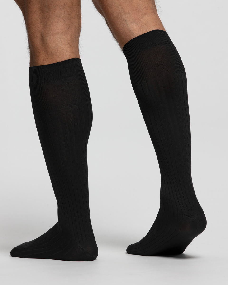 Long ultra-resilient ribbed microfibre socks, black, Men's Socks