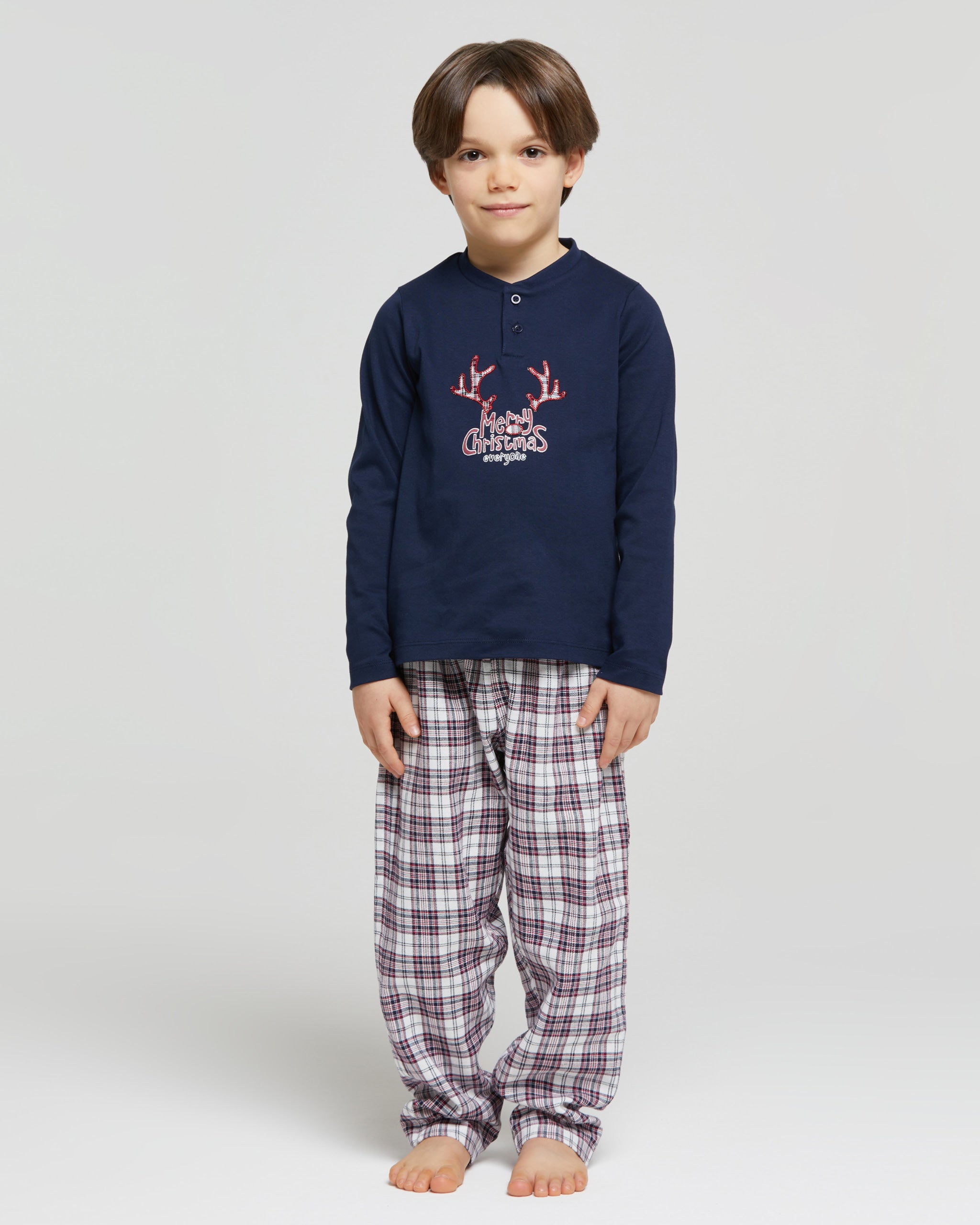 Langer Pyjama aus Interlock-Baumwolle und Flanell für Jungen „Merry Xmas“.